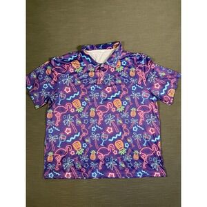 Mens Neon Tropical Flamingo Pineapple Polo Shirt XXL Short Sleeve Golf 90s NWOT
